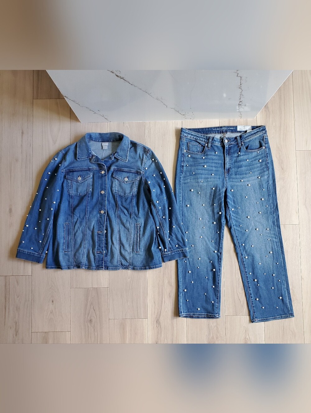 Chicos Suit Set Womens 16 Blue Denim Jacket Jeans Pearl Embellished 2 Piece Set‎